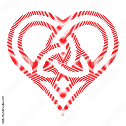 Red geometric heart with spiral trinity lines forming an abstract optical pattern. Modern vector design symbolizing unity, love, and balance - perfect for logos, prints, and digital art.