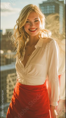 beautiful blonde woman in red skirt
