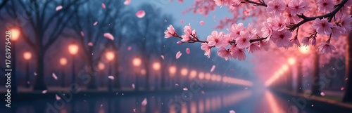 Romantic night scene. Cherry blossoms gently swept away by soft breeze. Twilight hours with pink flower petals. Beautiful night with reflection in the water. Nature landscape, romance, dreamy vibe.