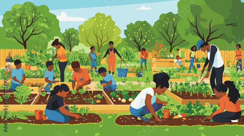 Diverse group gardening in a community garden. All ages and backgrounds engaging in planting, watering, and harvesting. Sustainability, family, health-related campaigns, educational content, community