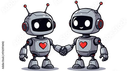Two friendly robots shaking hands with heart symbols on chests  