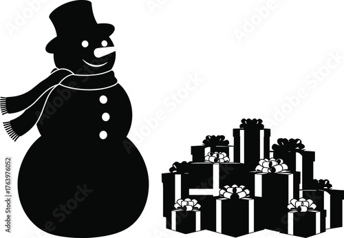 A festive black silhouette of a snowman with a top hat and scarf beside a pile of gifts