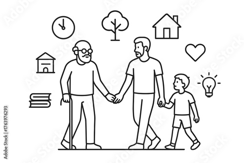 Three generations family walk illustration — grandfather father and son line art