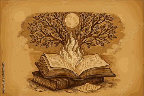 Ancient magic book and tree of wisdom vintage illustration