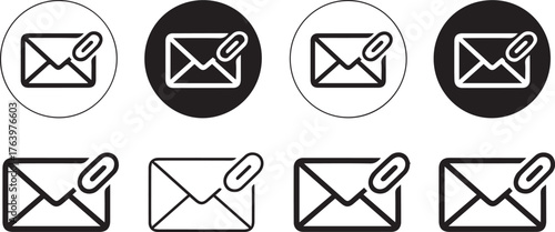 modern email attachment icon set envelope with paperclip variants circular and outline styles vector eps ai png jpeg