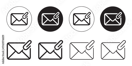 versatile mail attachment icons envelope with paperclip ui ux glyphs black white circular and line art vectors