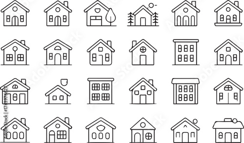 minimal residential and commercial building icons set pixel perfect editable stroke for ux design