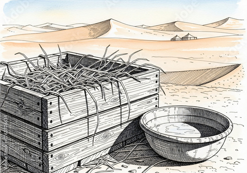 Wooden crate with hay and bowl of water for camels on sand dunes, symbolizing the Journey of the Three Kings on Epiphany day.
