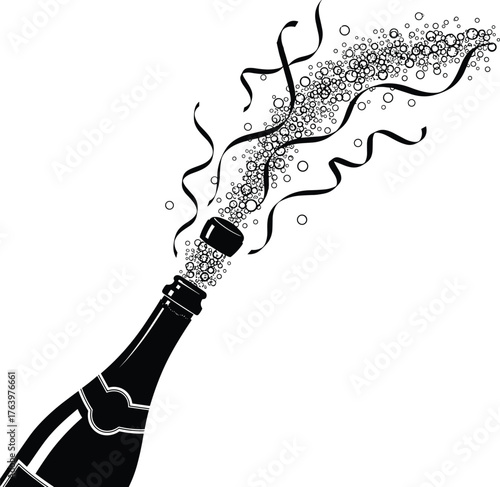 Celebratory champagne bottle popping open with bubbles and streamers
