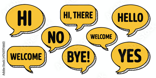 friendly conversational speech bubble icons yellow greetings collection hi hello welcome bye