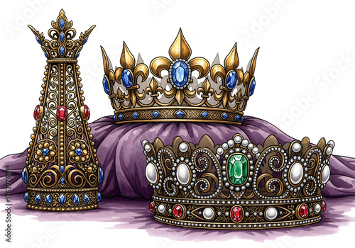 Three ornate jewel crown with gold and gemstones on purple fabric for Día de los Reyes celebration or royal accessory concept