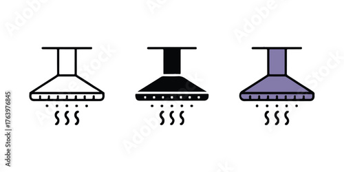 set of kitchen extractor hood icons ventilation symbols steam smoke flat and filled styles perfect for appliance branding and interfaces
