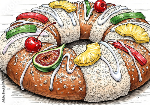 Rosca de Reyes traditional bread with candied fruit and icing. Holiday dessert for Dia de Reyes celebration. Sweet pastry for Epiphany.