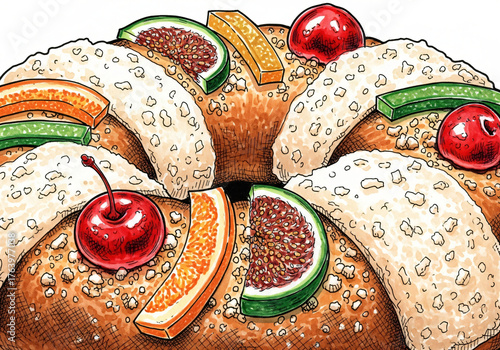 Roscón de reyes, sweet bread for Epiphany. Traditional ring-shaped cake for Three Kings Day, with candied fruit and sugar. Illustration for celebration.
