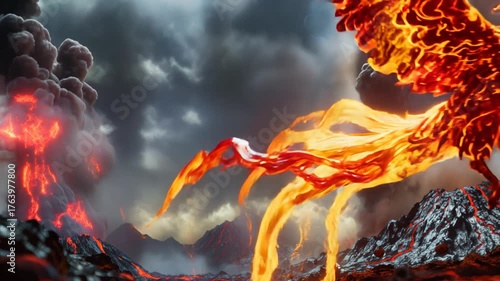 A majestic phoenix rises from flames amidst a volcanic eruption, its fiery wings glowing with red, orange, and yellow hues against a smoky sky filled with ash and lava