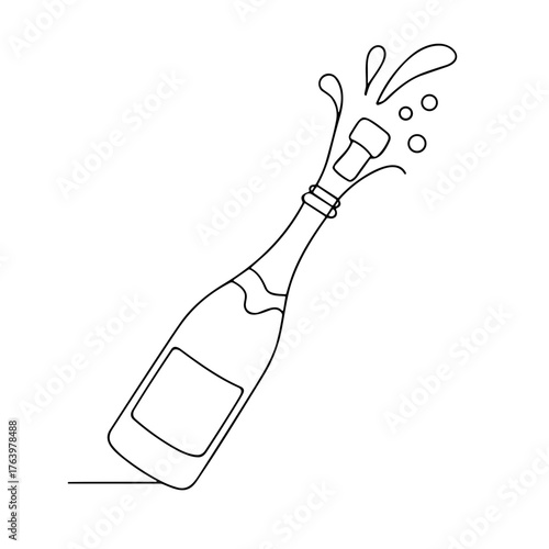 Champagne bottle popping with spray and bubbles in minimal style  
