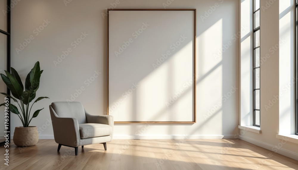 Fototapeta premium Contemporary living room interior features comfortable armchair, large empty canvas on wall, bathed in natural light from large windows. Potted plant adds touch of green to minimalist decor. Serene