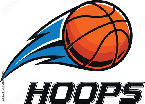 Hoops Basketball Logo with Dynamic Flying Ball - Modern Sports Design for Teams, Clubs, and Athletic Events

