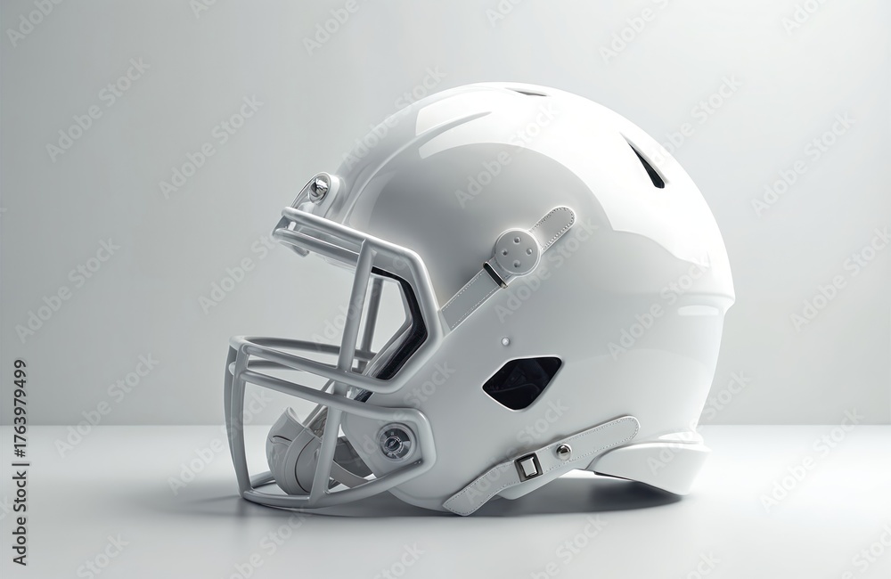 Fototapeta premium Clean white American football helmet with facemask positioned on light grey background. Protective headgear represents safety, intensity of sport. Focus on athletic competition, essential gear for