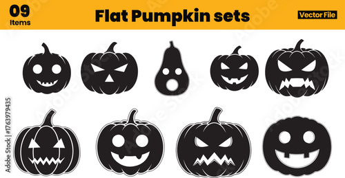 Halloween pumpkin icon set featuring nine flat black silhouettes with unique facial expressions and creative carved designs for spooky visuals