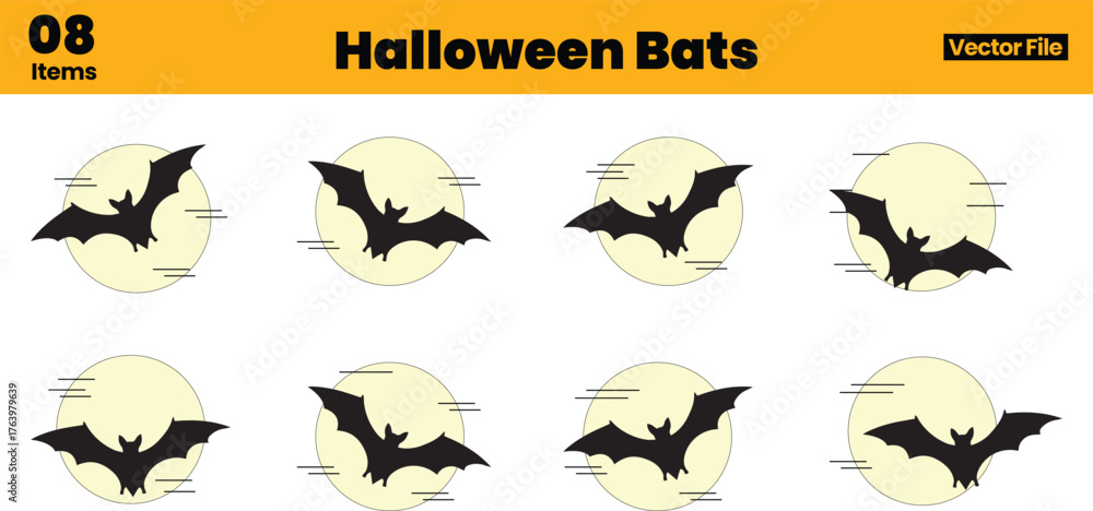 Fototapeta premium Halloween Bats Vector Collection Featuring Eight Black Bat Silhouettes Flying in Front of Full Moons in Varied Dynamic Positions