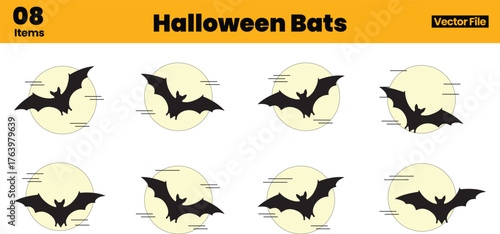 Halloween Bats Vector Collection Featuring Eight Black Bat Silhouettes Flying in Front of Full Moons in Varied Dynamic Positions