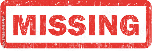 Red grunge rubber stamp with the word missing distressed vector illustration for lost items and urgent notices isolated on white background | Missing word on white background