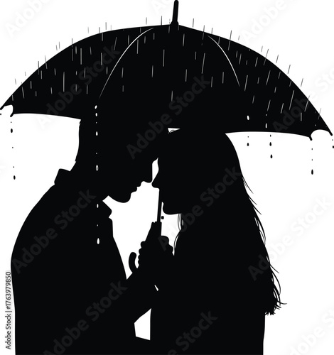 Romantic silhouette of a couple sharing an umbrella in the rain