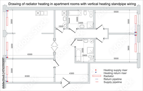 Vector drawing of radiator heating in apartment rooms with vertical heating standpipe wiring with dimension lines. Engineering architectural design on white paper sheet. Technology schematic diagram.