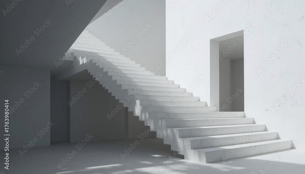 Fototapeta premium Minimalist architecture featuring white stairs and a doorway in a bright space creates a serene and modern atmosphere for design and architectural projects