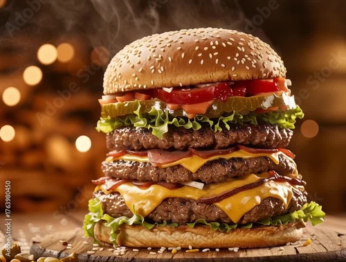 Huge burger on a table