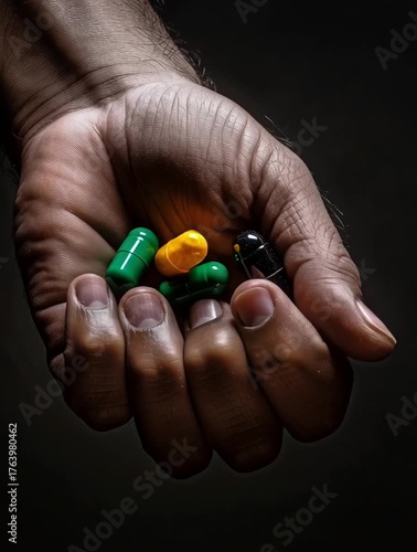 Man hand holding some vitamin capsules
