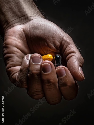 Man hand holding some vitamin capsules