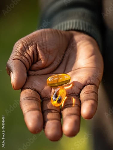 Man hand holding some vitamin capsules