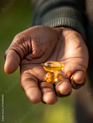 Man hand holding some vitamin capsules