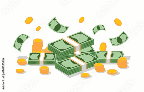 Illustration of money stacks and coins representing wealth and finances well being