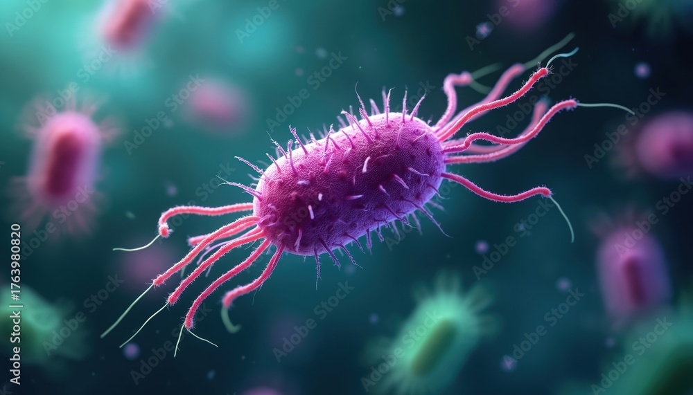 Fototapeta premium Microscopic view of vibrant H. pylori bacterium with flagella, floating among microorganisms. Digitally rendered illustration for science, health, biology education, research, healthcare analysis.