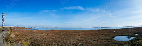 Panoramic View of the San Mateo-Hayward Bridge Crossing the San Francisco Bay Wetlands