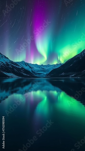 Spectacular purple and green aurora borealis reflecting perfectly in a dark, still mountain lake