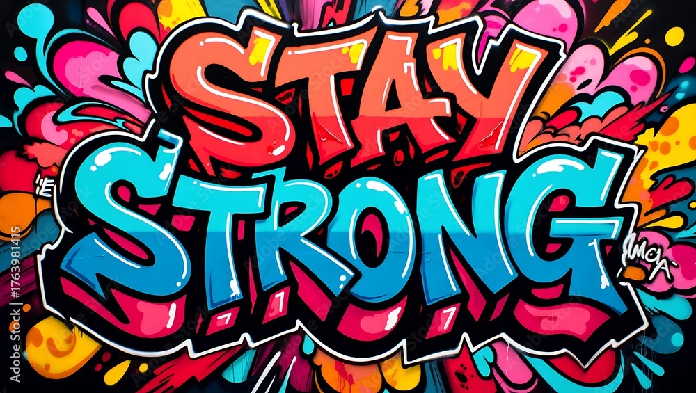 Naklejka premium Vibrant Graffiti Art with Motivational Message Stay Strong Illustration