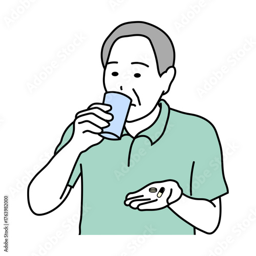 薬を飲む高齢男性の健康管理イラスト