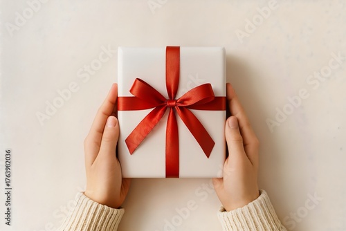 Minimalist Christmas composition with female hands holding white gift box tied with red ribbon on light background, festive simplicity and warmth.