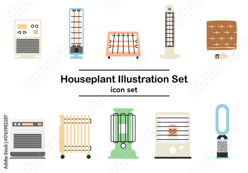 さまざまな暖房器具を並べたかわいいアイコンセットのベクターイラスト｜冬の暮らしや家庭の暖かさを表現するデザインで、生活家電の紹介やインテリア関連素材に最適