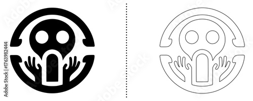 Surprised or Alarmed Icon Abstract Figure with Raised Hands and Wide Eyes in Line and Solid Style for Warning, Shock, Anxiety, and Emotional Expression Concepts