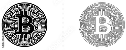 Bitcoin Cryptocurrency Icon Digital Money, Blockchain, and Virtual Currency Symbol in Line and Solid Style for Fintech, Investment, and Digital Economy Concepts