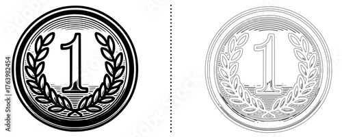 Victory Medal with Number 1 and Laurel Wreath Icon Achievement, Success, and First Place Award in Line and Solid Vector Style for Recognition, Reward, and Celebration Concepts