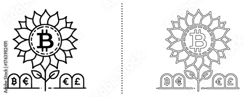 Creative vector illustration of a Bitcoin flower growing from coins, symbolizing cryptocurrency investment, blockchain growth, and digital finance evolution in solid and outline styles.