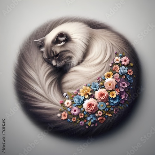 Fluffy cat curled into a ball, its tail forming a floral circle, no background
