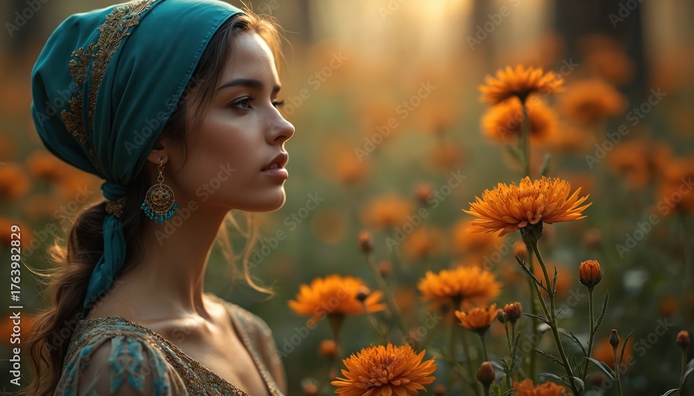 Naklejka premium Portrait beautiful woman in forest wearing teal headscarf, gold earrings. Brunette lady in profile poses near orange flowers at sunset. Beauty, nature. Floral, fashion, boho style concept. Photo with