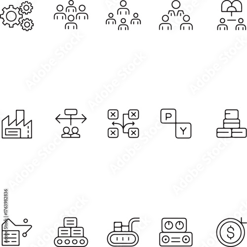 Collection of business and industrial icons, showcasing various concepts such as teamwork, manufacturing, and decision-making.